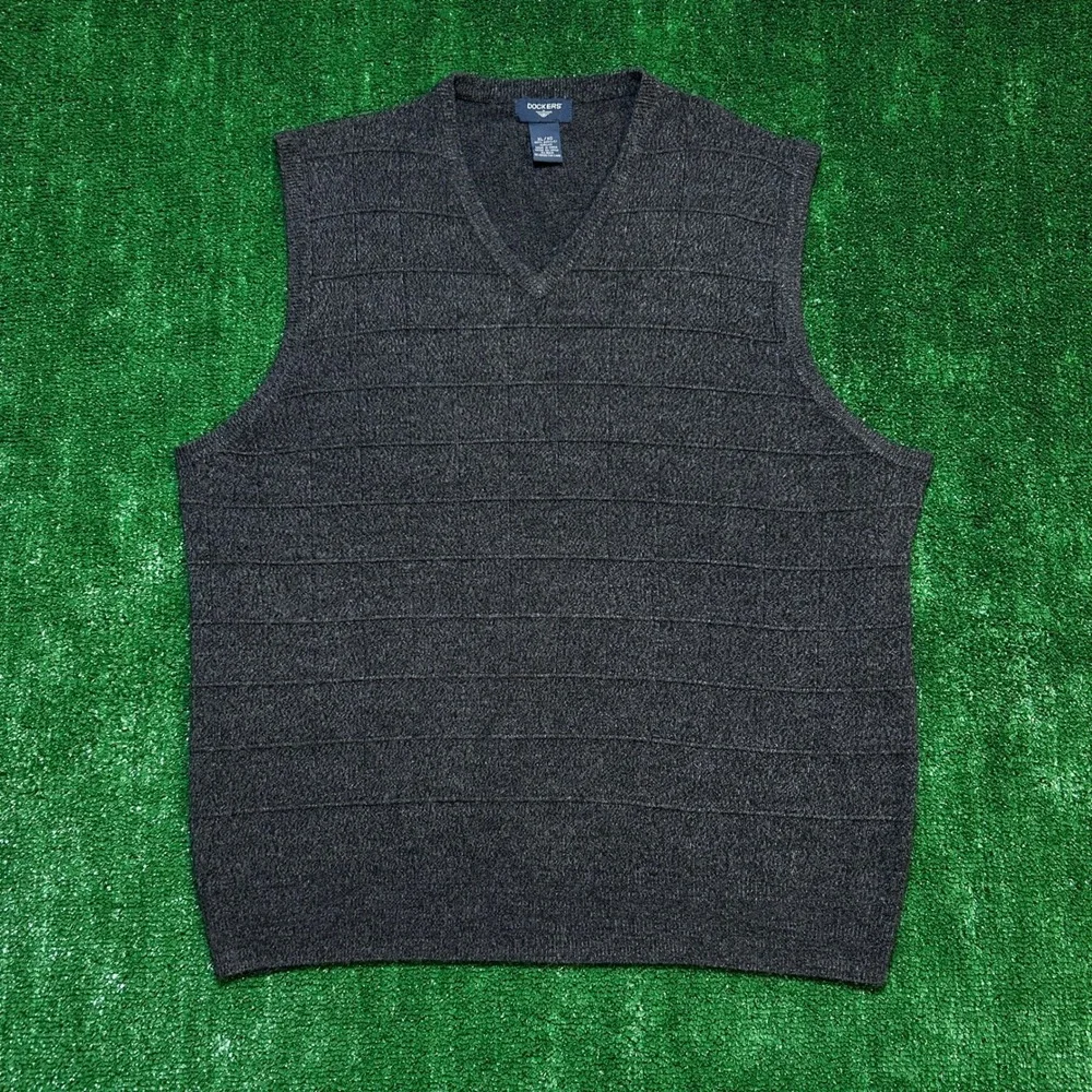 Vintage Y2K Dockers Sweater Vest Textured Grid Knit V-Neck Charcoal Grey XL